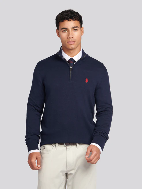 Knitted Cotton Rich Knit Funnel Neck 1/4 Zip Dark Sapphire Navy / Haute Red DHM M