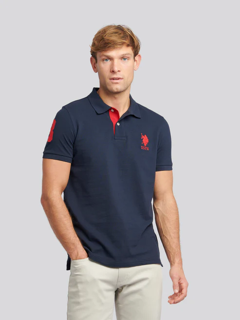 Player 3 Pique Polo Dark Sapphire Navy / Haute Red DHM XXL