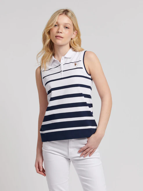 Stripe Sleeveless Polo Shirt Navy Iris L
