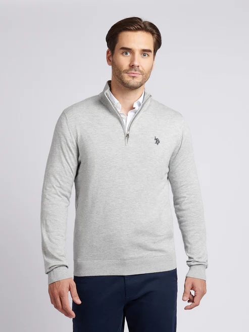 Knitted Cotton Rich Knit Funnel Neck 1/4 Zip Mid Grey Marl L