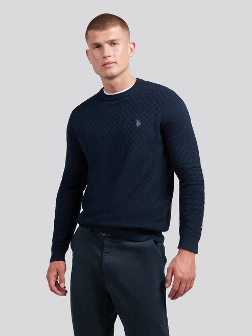 9GG Checkerboard Knit Crew Neck Dark Sapphire Navy / Moonlight Blue DHM M