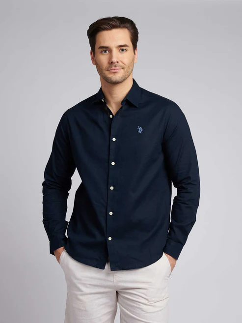 Linen Blend LS Shirt Dark Sapphire Navy / Moonlight Blue DHM L