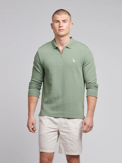 Texture Zip LS Polo Green Bay XL