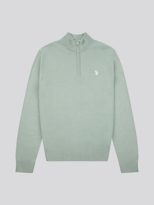 Knitted Cotton Rich Knit Funnel Neck 1/4 Zip Chinois Green M