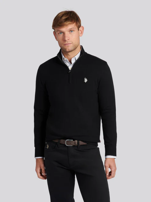 Knitted Cotton Rich Knit Funnel Neck 1/4 Zip Black Bright White DHM S