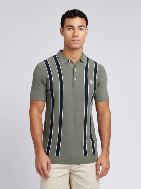 Vertical Stripe Knit SS Polo Mulled Basil XXL