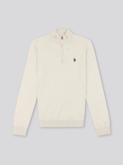 Knitted Cotton Rich Knit Funnel Neck 1/4 Zip Birch Marl L